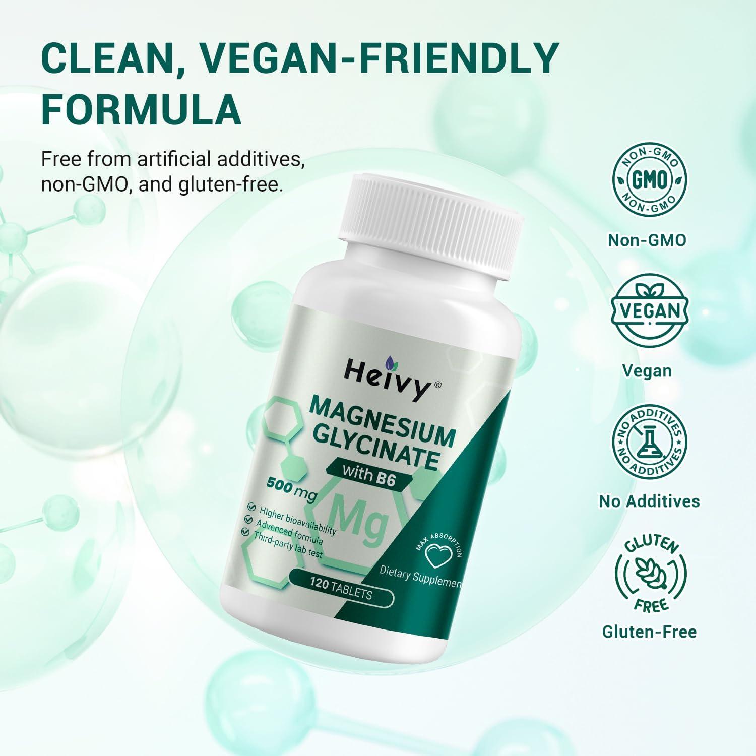 Suplemento de Glicinato de Magnesio Heivy 500mg + B6, 120 Tabletas