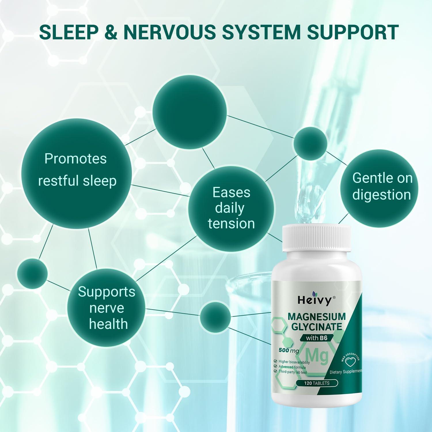 Suplemento de Glicinato de Magnesio Heivy 500mg + B6, 120 Tabletas