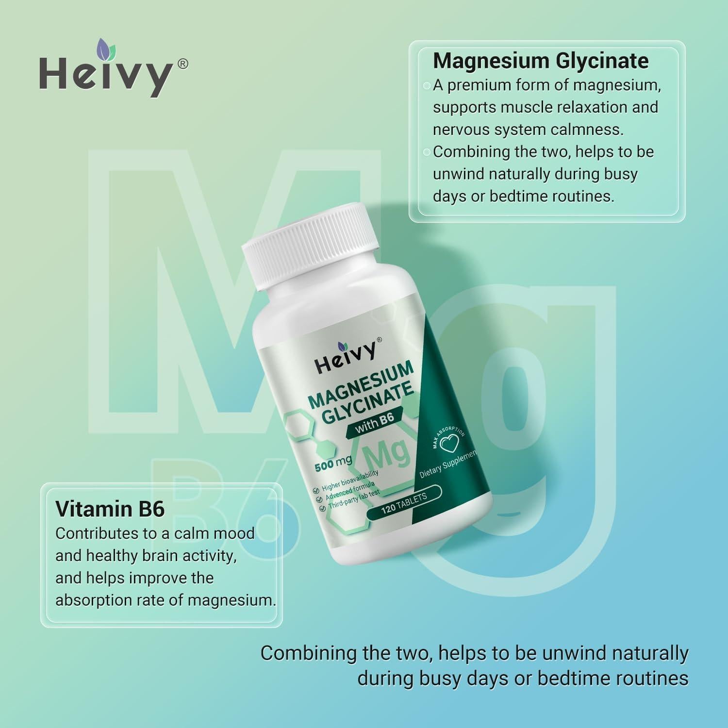 Suplemento de Glicinato de Magnesio Heivy 500mg + B6, 120 Tabletas