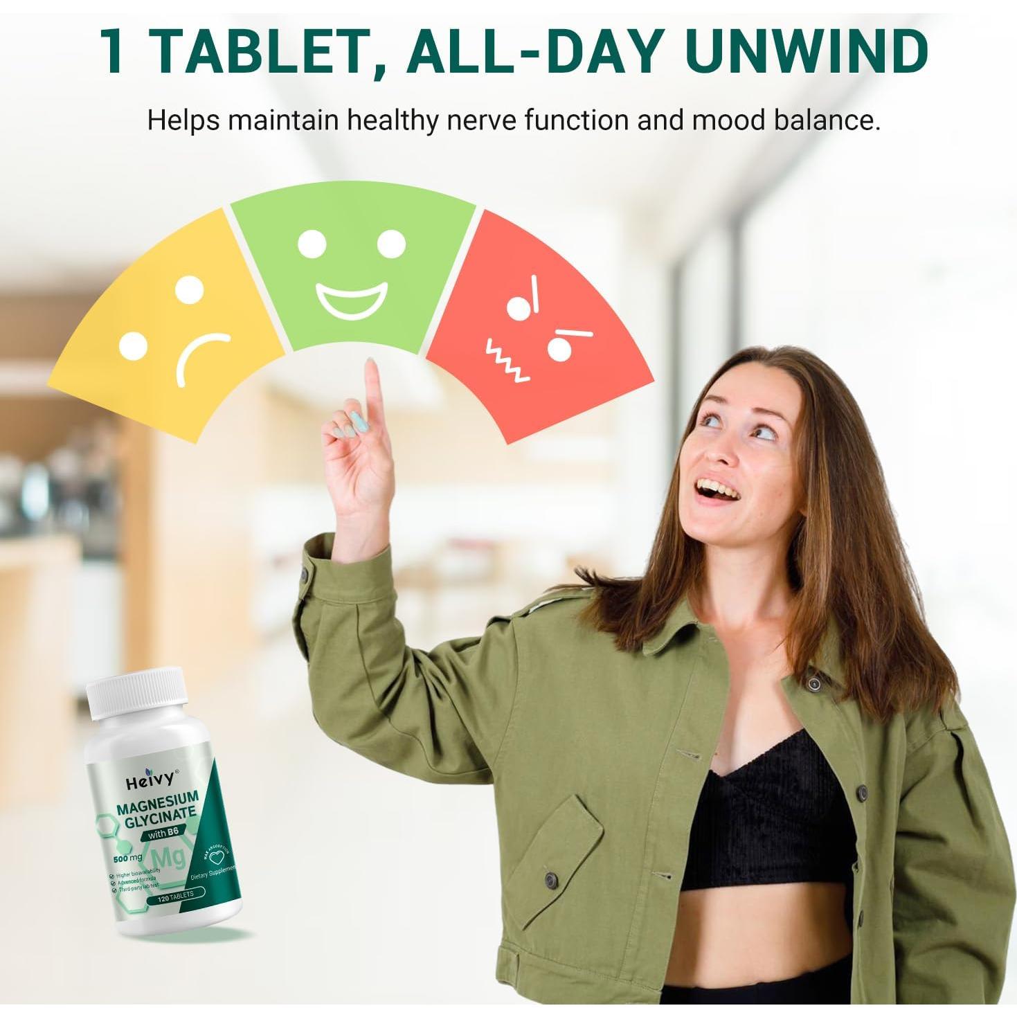 Suplemento de Glicinato de Magnesio Heivy 500mg + B6, 120 Tabletas