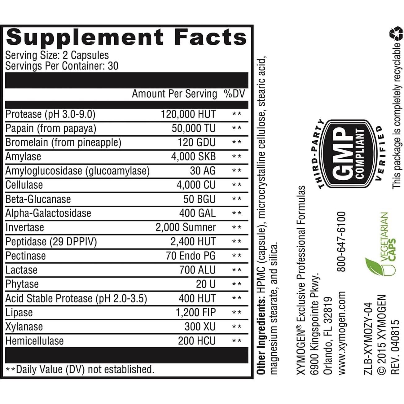 XymoZyme Enzimas Digestivas Veganas Xymogen 60 Cápsulas