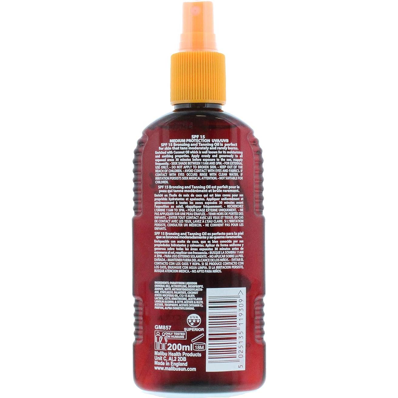 Aceite bronceador SPF 15 Malibu con coco 200 ml