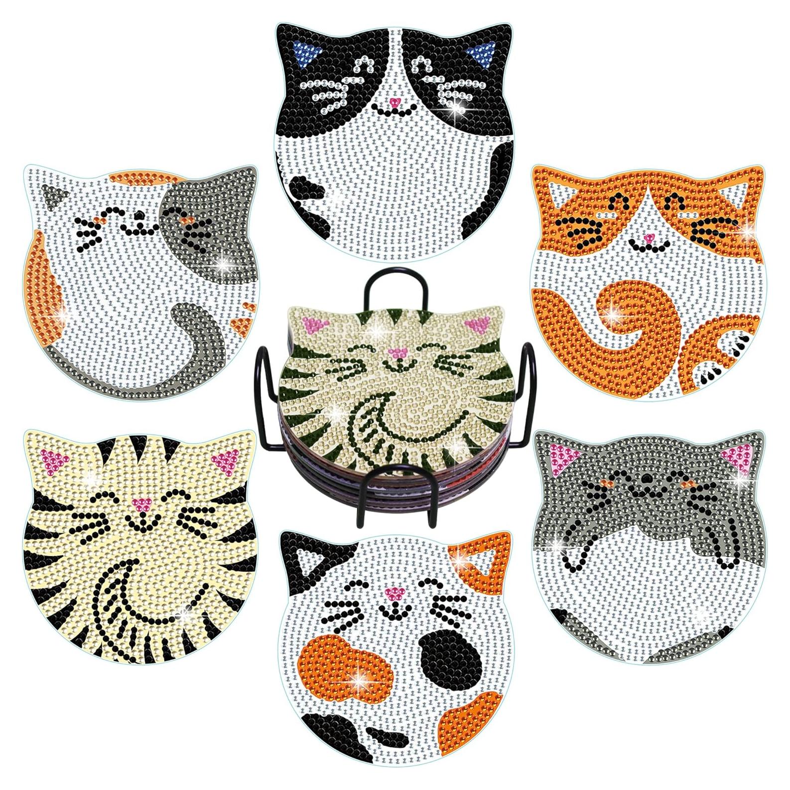 Kits de Posavasos de Pintura de Diamante Vcekract 6 Pcs Gato