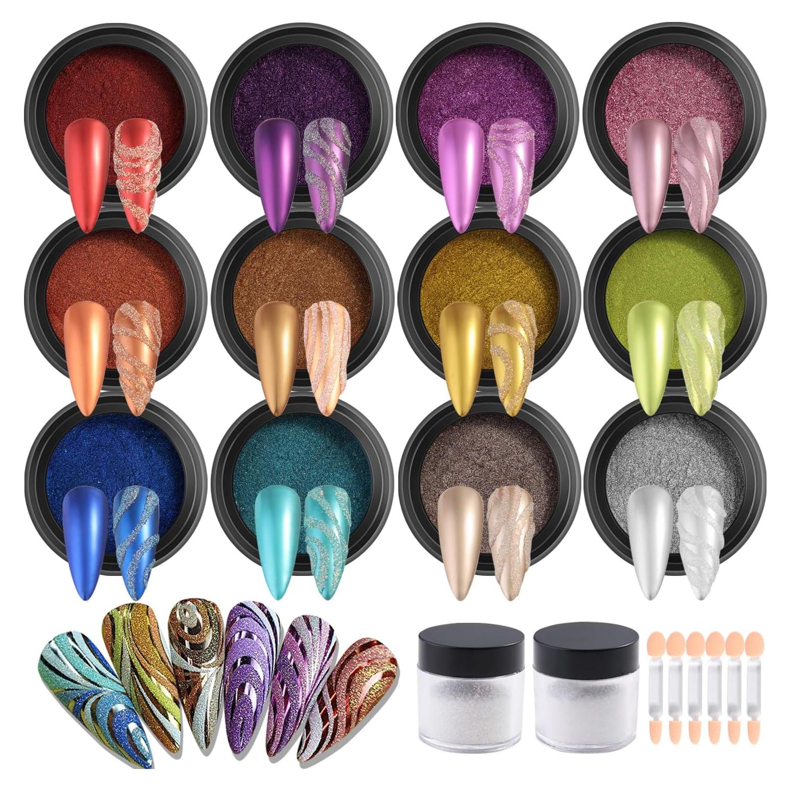 Juego de Polvo de Uñas Chrome Fcozpjk 12 Colores + 2 Azúcar