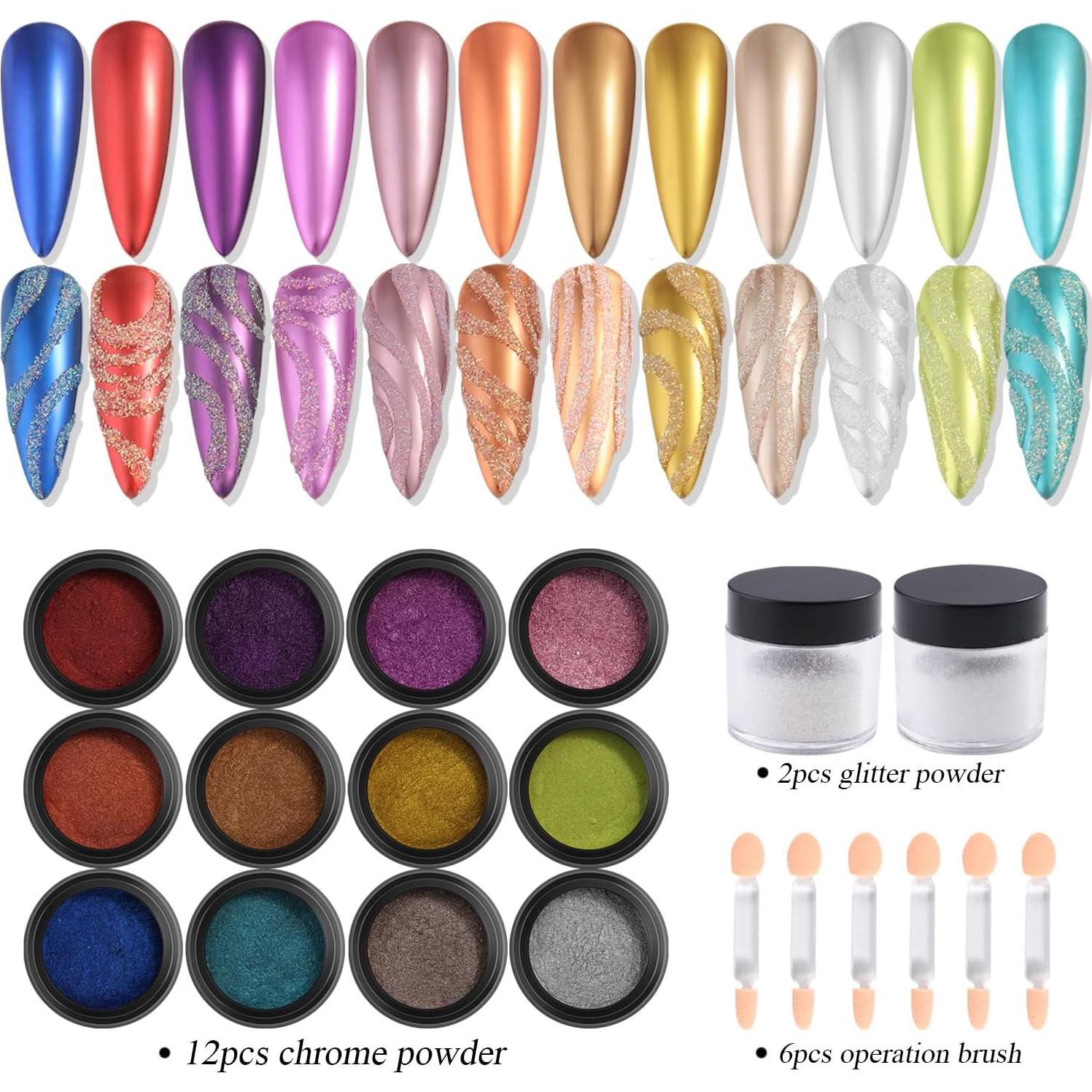 Juego de Polvo de Uñas Chrome Fcozpjk 12 Colores + 2 Azúcar