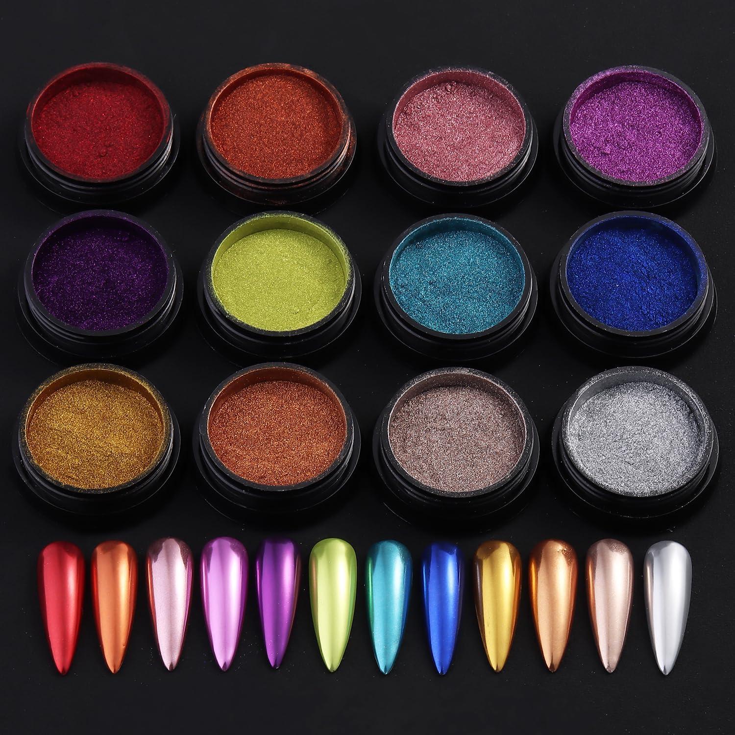 Juego de Polvo de Uñas Chrome Fcozpjk 12 Colores + 2 Azúcar