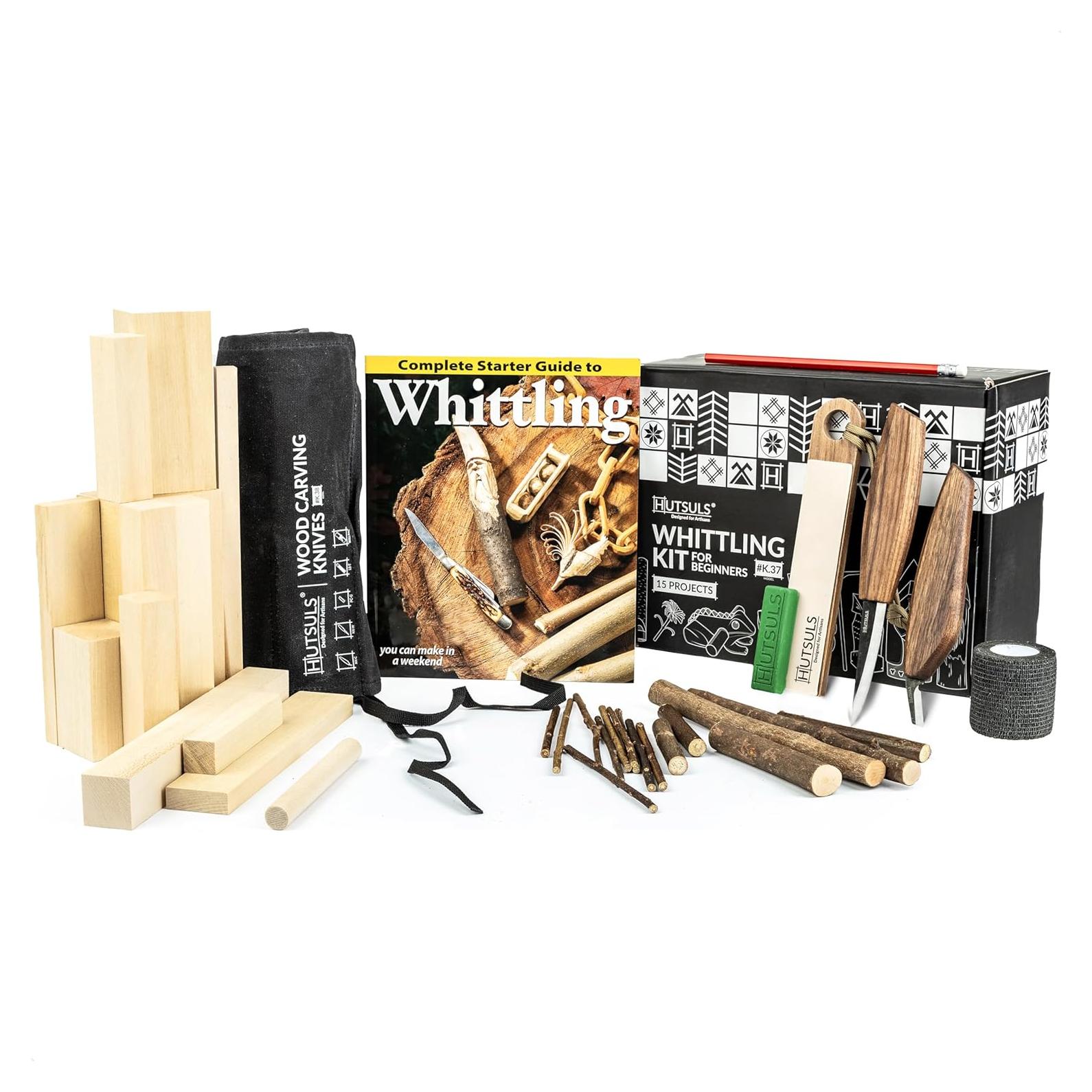 Hutsuls K.37 Wood Carving Kit for Beginners - Pre-Sized Basswood Carving Blocks & Sticks for 15 Projects, All-in-One Wood Whittling Kit for Beginners, Includes Wood Whittling Book for Beginners Kids
