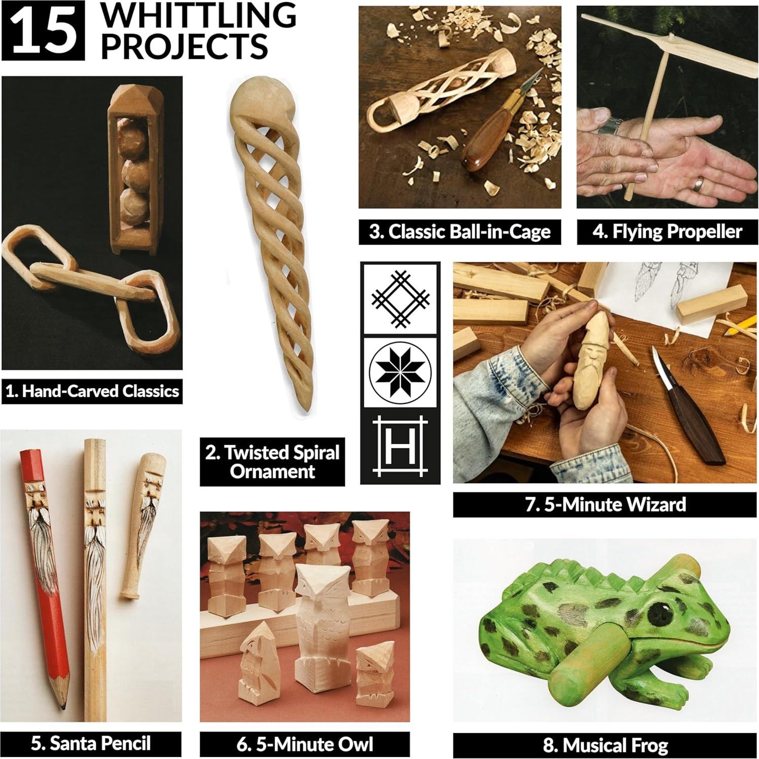 Hutsuls K.37 Wood Carving Kit for Beginners - Pre-Sized Basswood Carving Blocks & Sticks for 15 Projects, All-in-One Wood Whittling Kit for Beginners, Includes Wood Whittling Book for Beginners Kids