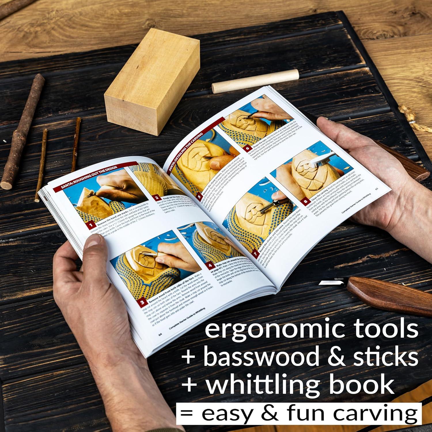 Hutsuls K.37 Wood Carving Kit for Beginners - Pre-Sized Basswood Carving Blocks & Sticks for 15 Projects, All-in-One Wood Whittling Kit for Beginners, Includes Wood Whittling Book for Beginners Kids