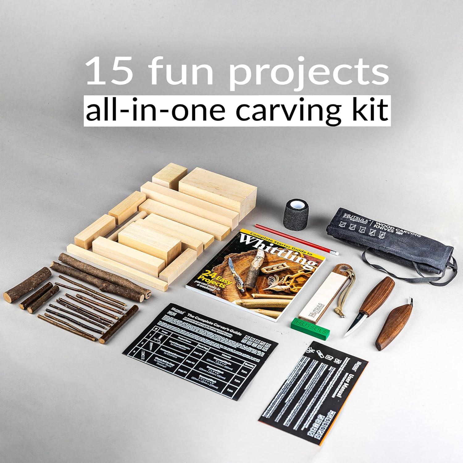 Hutsuls K.37 Wood Carving Kit for Beginners - Pre-Sized Basswood Carving Blocks & Sticks for 15 Projects, All-in-One Wood Whittling Kit for Beginners, Includes Wood Whittling Book for Beginners Kids