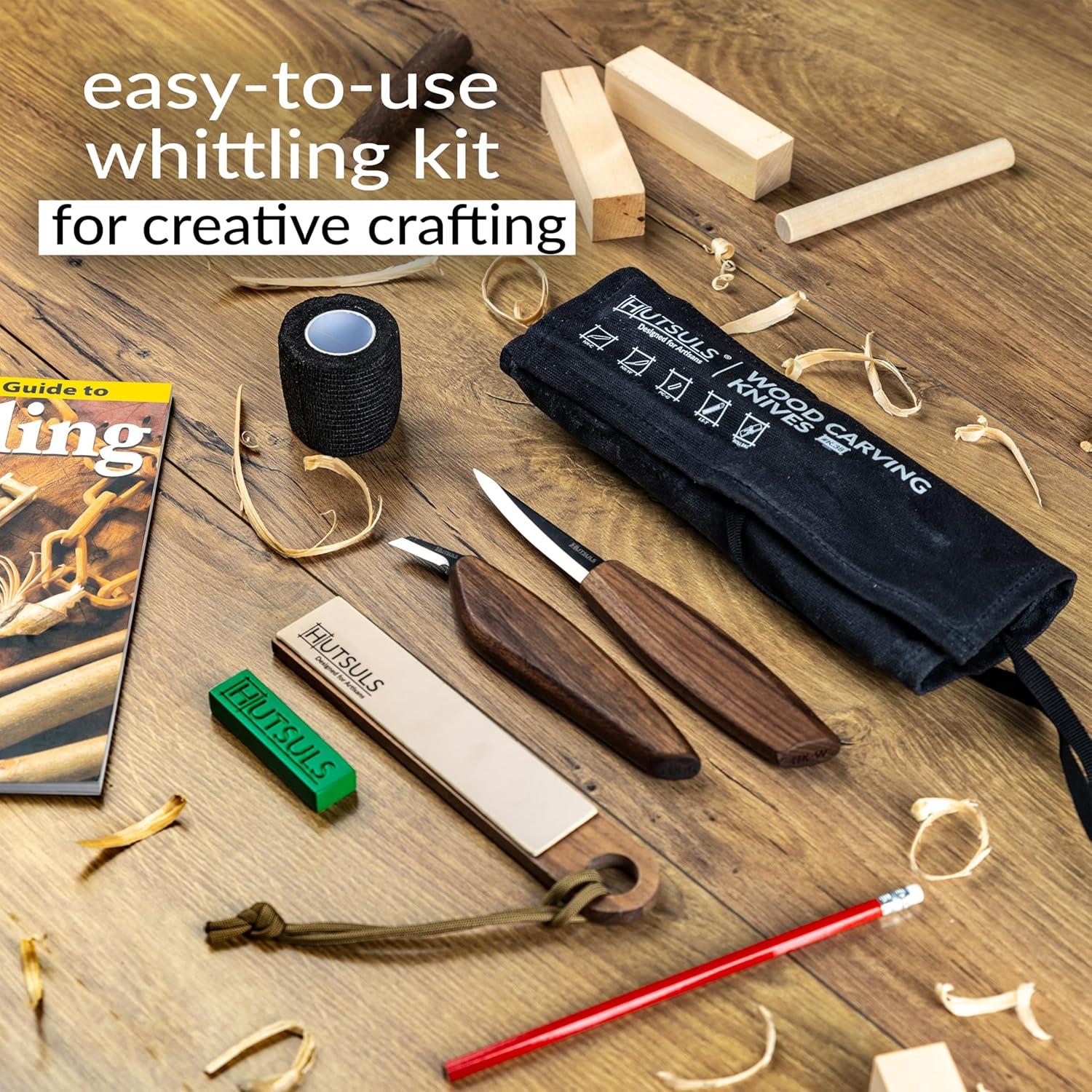 Hutsuls K.37 Wood Carving Kit for Beginners - Pre-Sized Basswood Carving Blocks & Sticks for 15 Projects, All-in-One Wood Whittling Kit for Beginners, Includes Wood Whittling Book for Beginners Kids