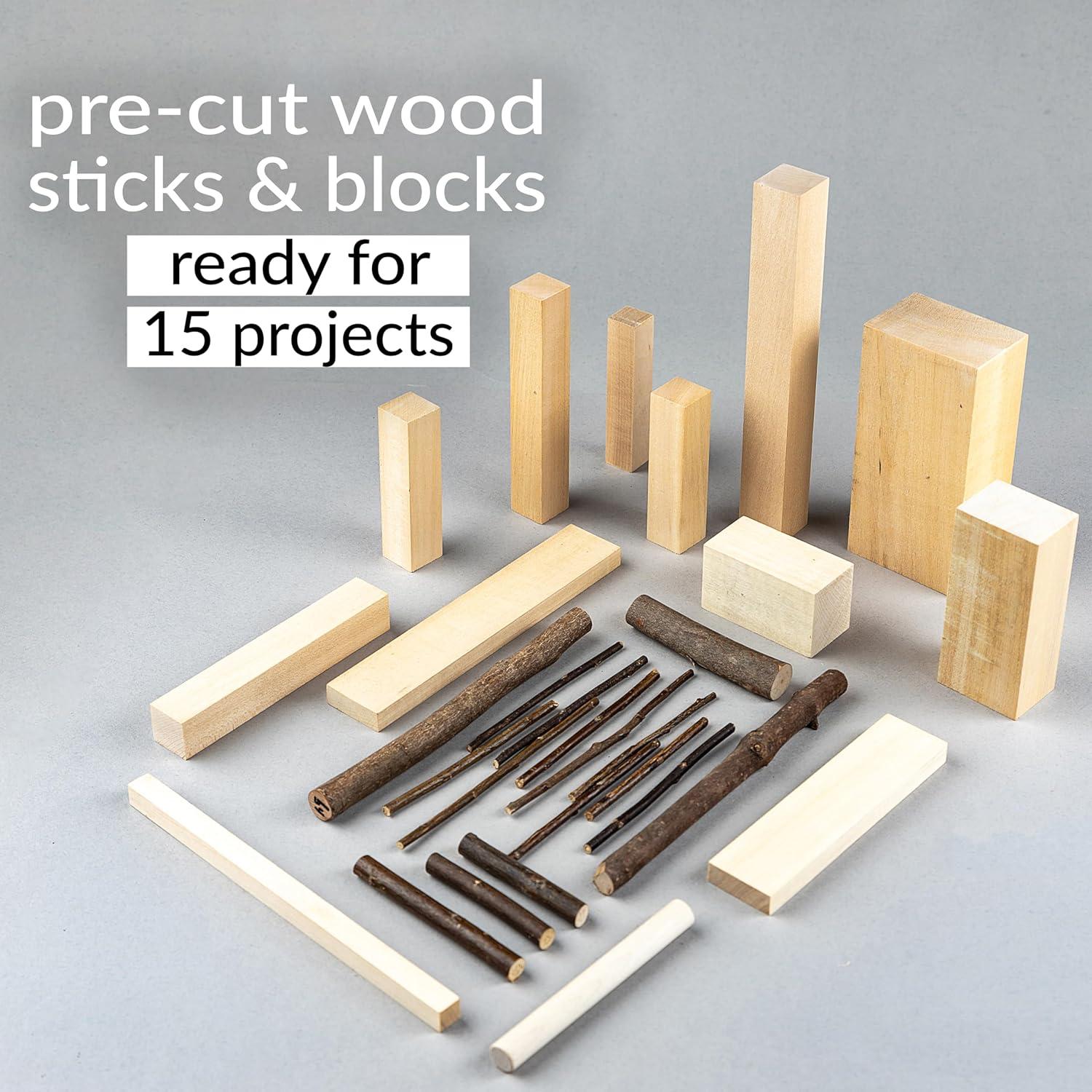 Hutsuls K.37 Wood Carving Kit for Beginners - Pre-Sized Basswood Carving Blocks & Sticks for 15 Projects, All-in-One Wood Whittling Kit for Beginners, Includes Wood Whittling Book for Beginners Kids