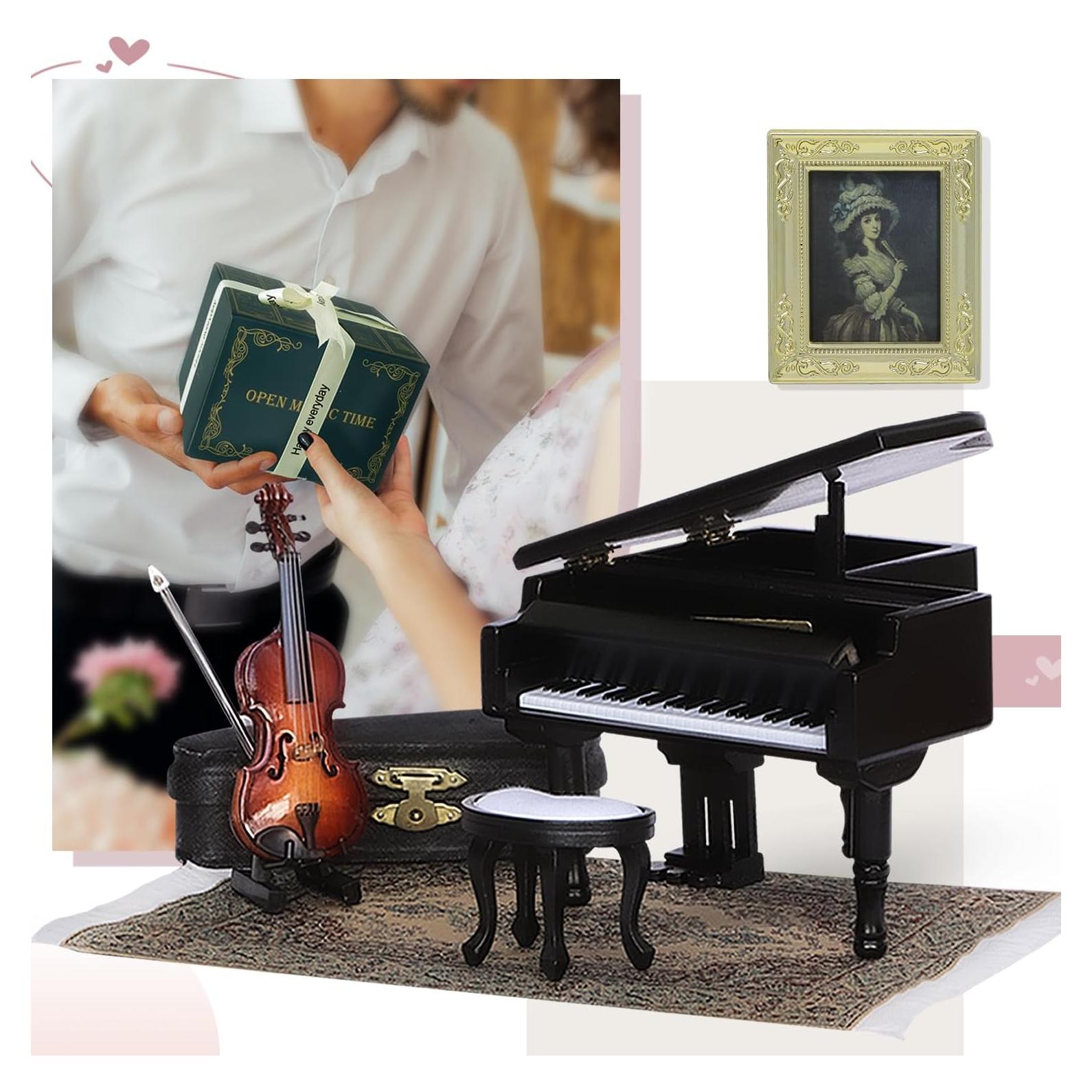 iLAND Caja de Música Miniatura Piano y Violín 1/12 Romántica