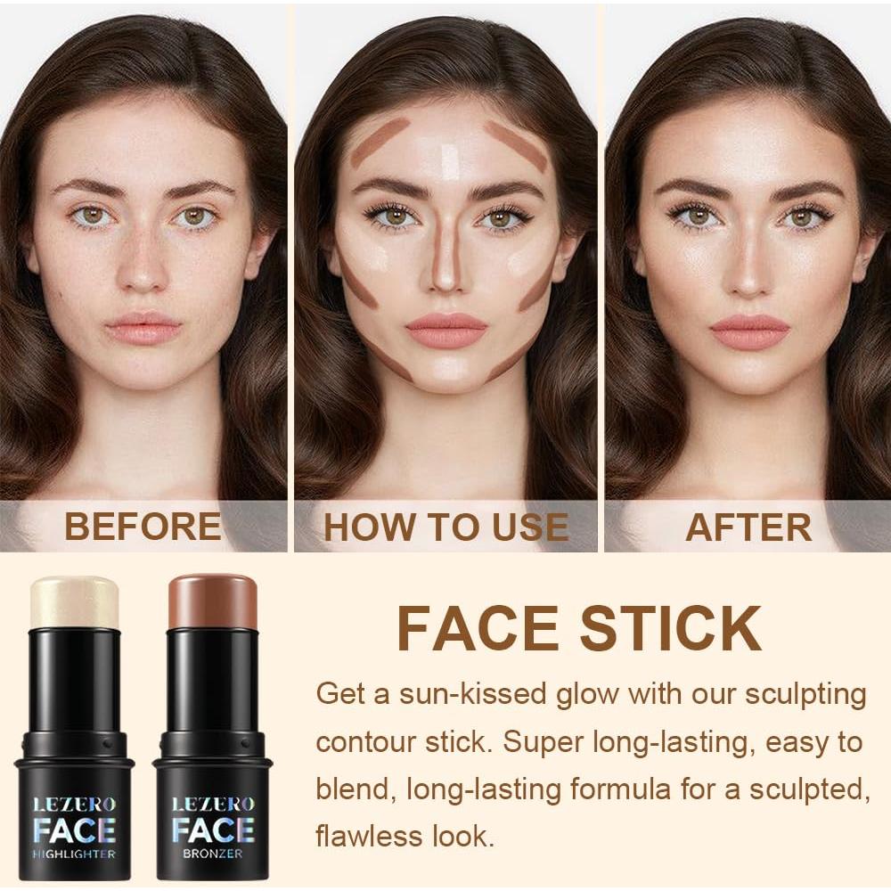 Juego de Contorno y Brochas Lezero - Barra Iluminador y Bronceador