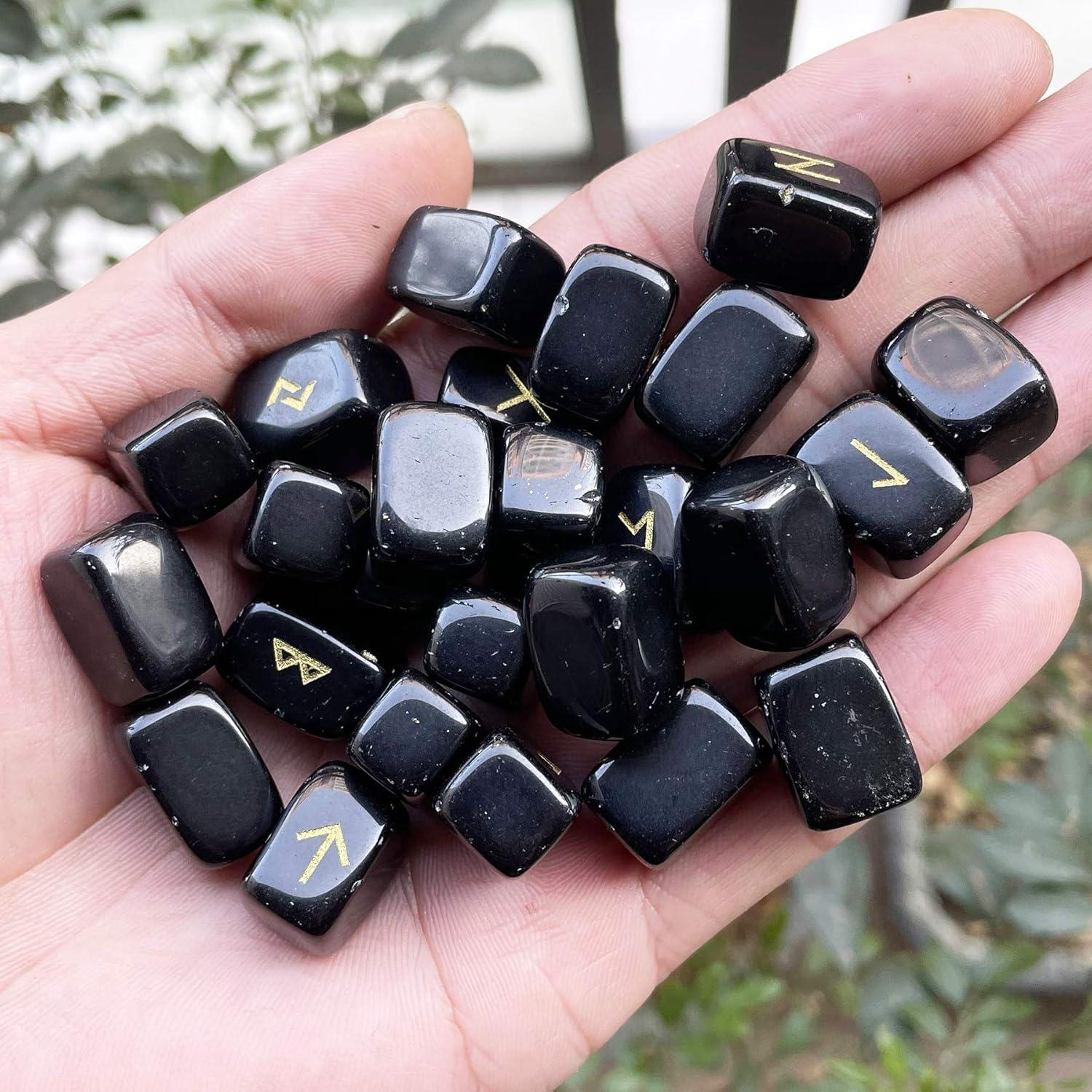 Conjunto de 25 Piedras Rúnicas de Obsidiana Negra Fekuar