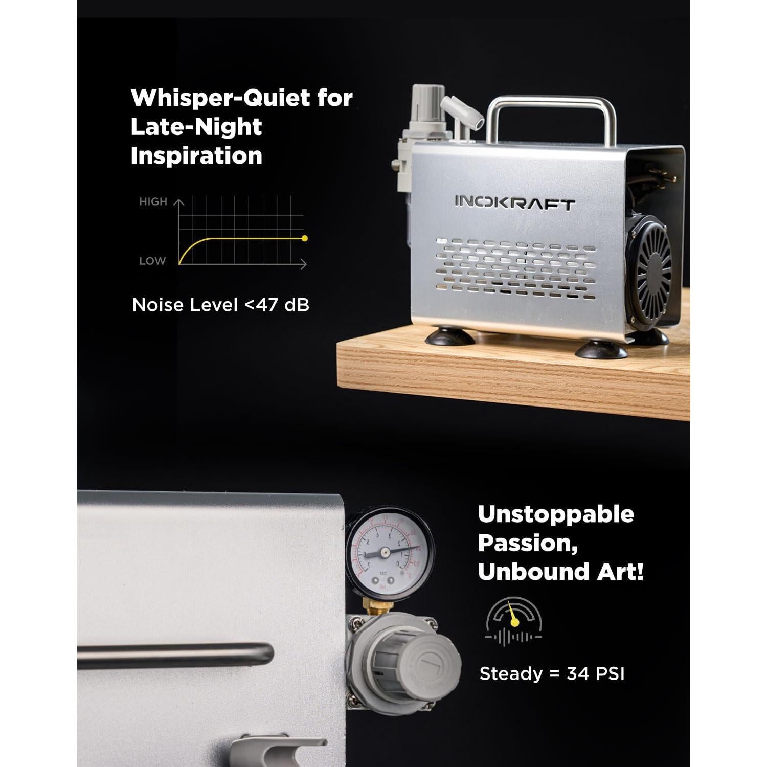 Kit de Aerógrafo InoKraft con Compresor Silencioso 1/6 HP