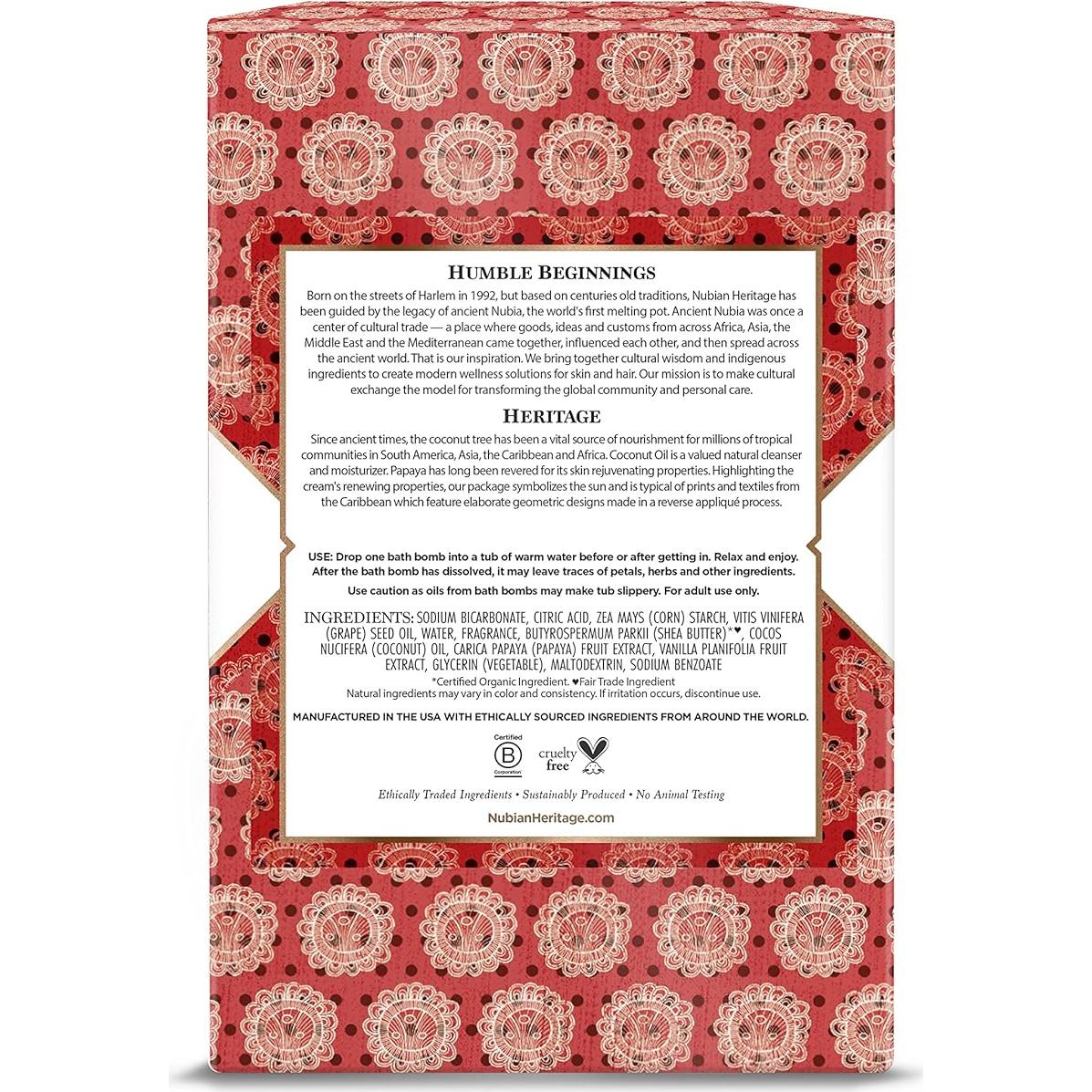 Bolas de Baño Nubian Heritage Coco y Papaya 45.36 g - Paquete de 6