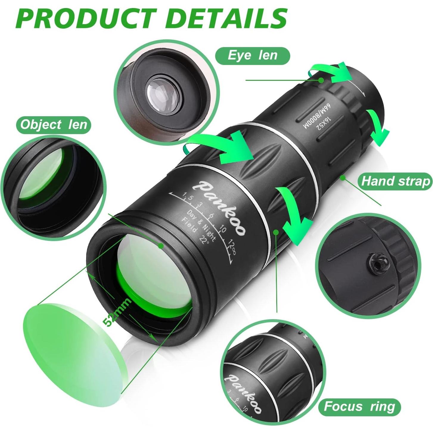 Telescopio Monocular Pankoo 16X52 HD Compacto para Aventura
