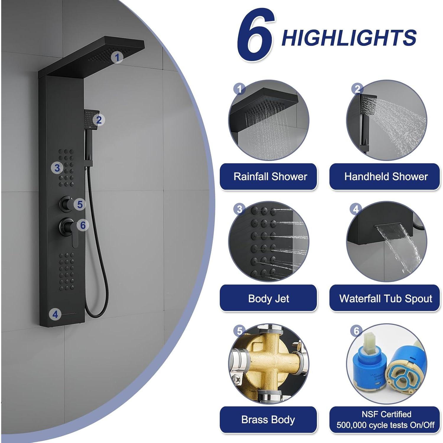 Panel de Ducha ROVATE Negra Mate con Jets de Masaje 4 Modos