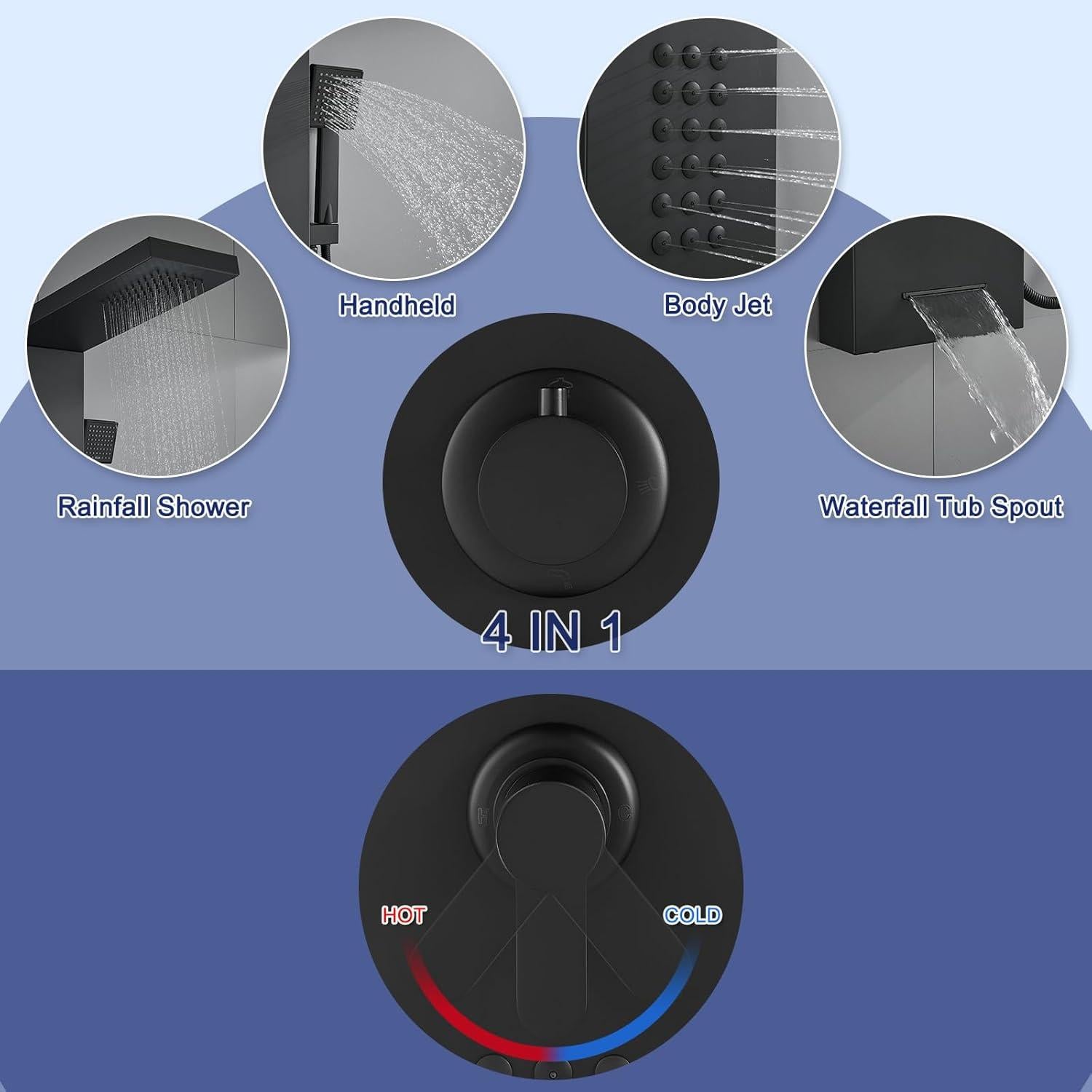 Panel de Ducha ROVATE Negra Mate con Jets de Masaje 4 Modos