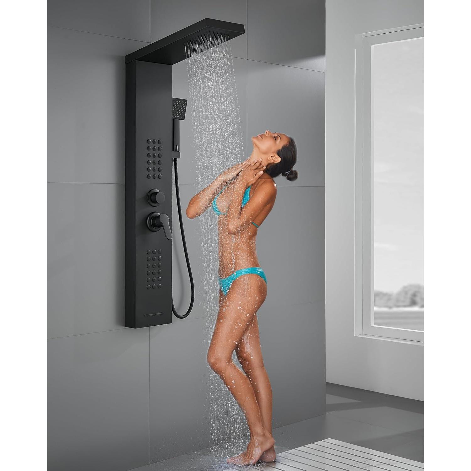 Panel de Ducha ROVATE Negra Mate con Jets de Masaje 4 Modos