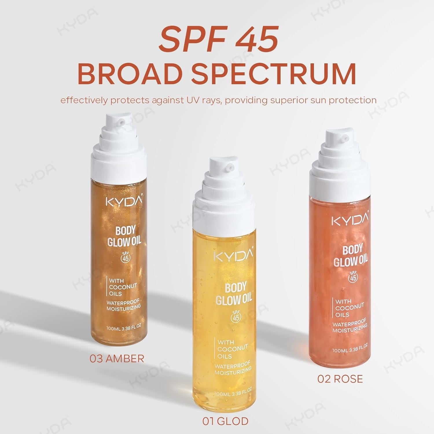 Aceite Corporal Brillante KYDA con SPF 45 y Mica Dorada 100 ml