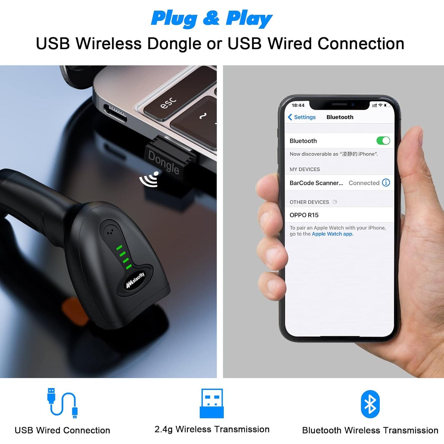 Escáner de Código de Barras Inalámbrico Bluetooth Ganao 100m