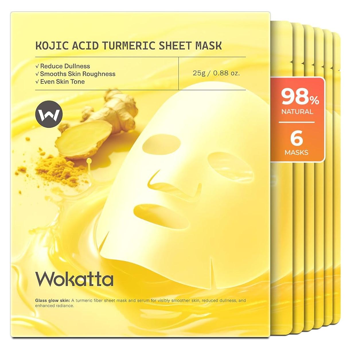 Mascarillas Faciales Hidratantes Wokatta 6 Pcs - Cúrcuma y Ácido Kójico
