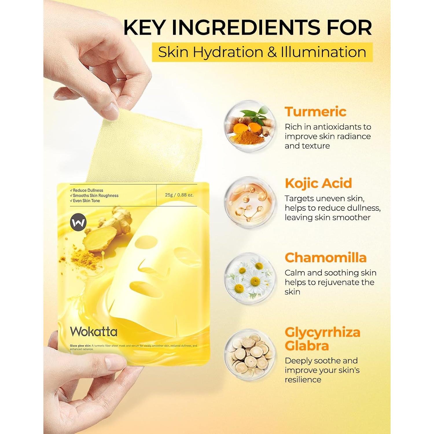 Mascarillas Faciales Hidratantes Wokatta 6 Pcs - Cúrcuma y Ácido Kójico