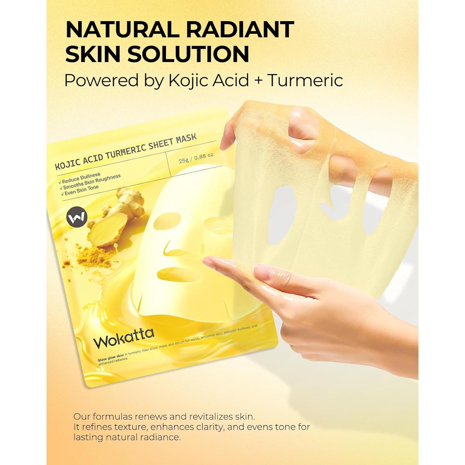 Mascarillas Faciales Hidratantes Wokatta 6 Pcs - Cúrcuma y Ácido Kójico