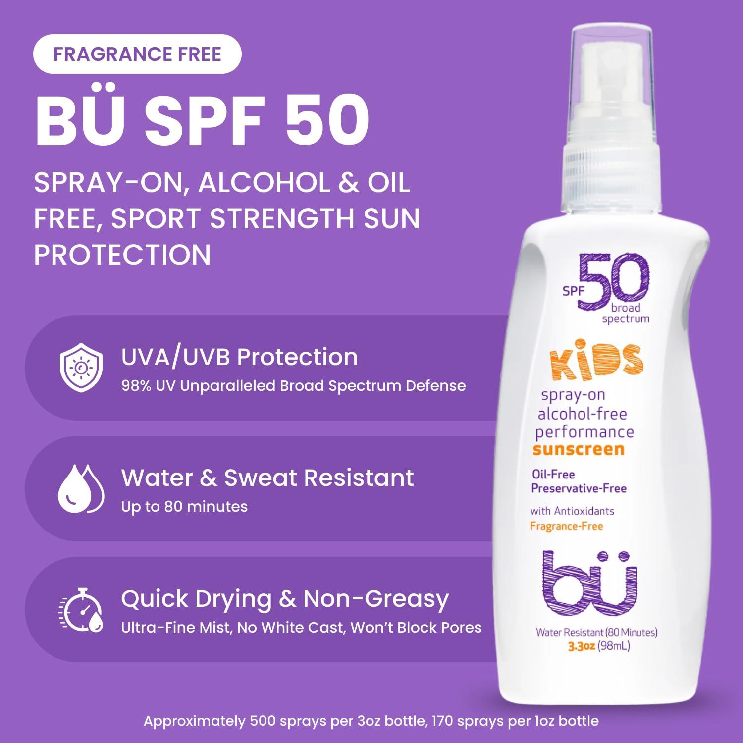 Protector Solar BU SPF 50 Niños Spray 2x Tamaño Viaje 1oz y 3.3oz