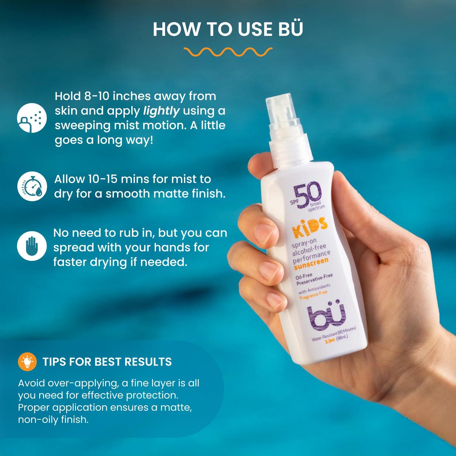 Protector Solar BU SPF 50 Niños Spray 2x Tamaño Viaje 1oz y 3.3oz