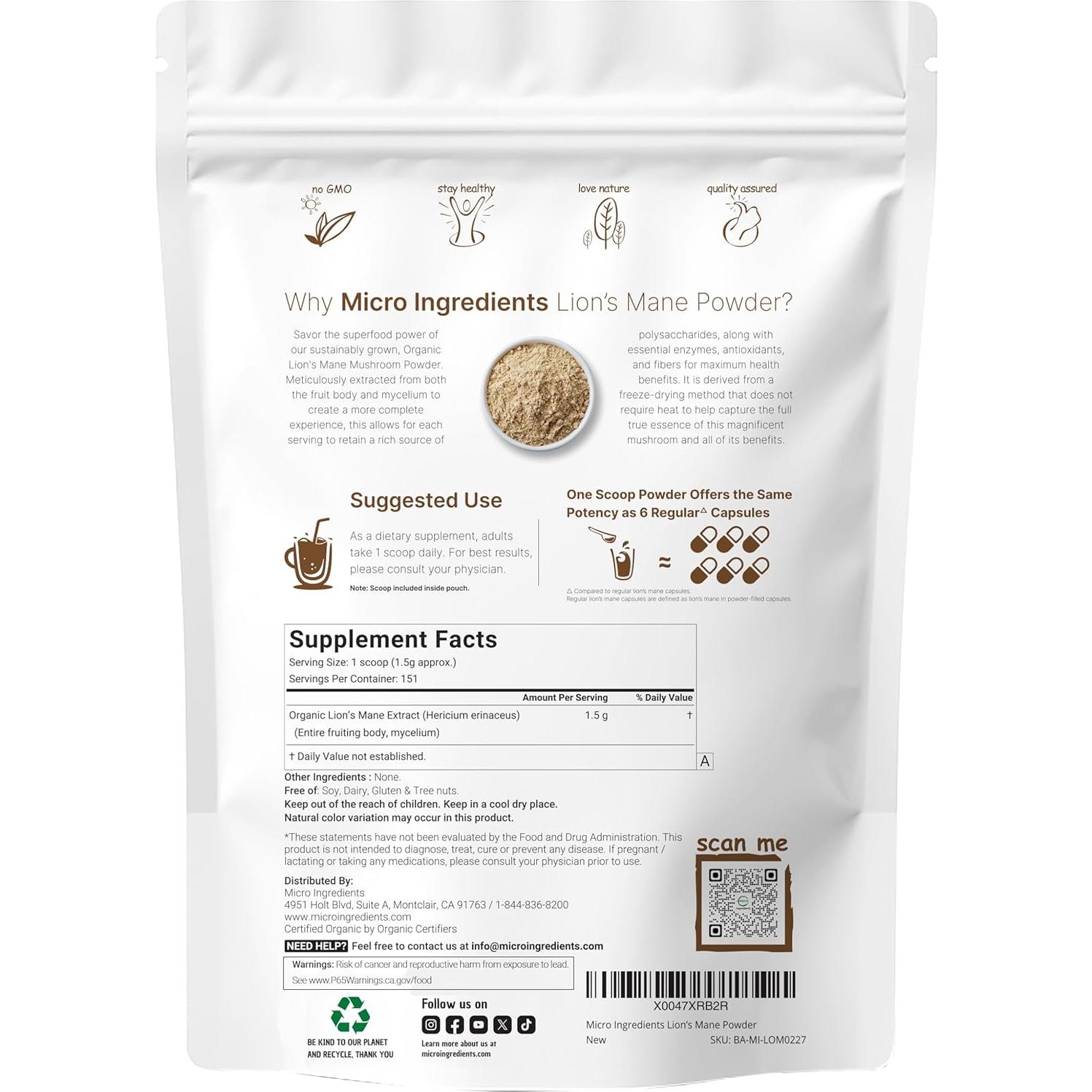 Polvo de Hongo Melena de León Orgánico Micro Ingredients 227g