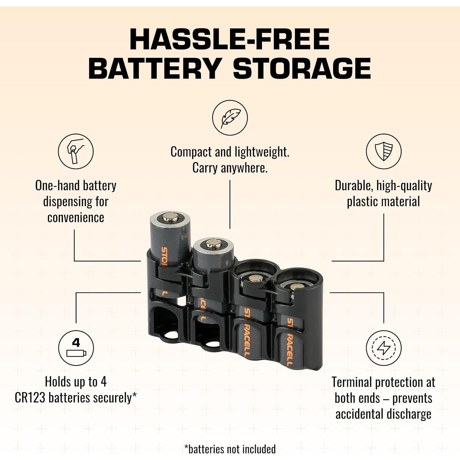 Storacell Slimline CR123 Battery Storage Caddy, Black, Holds 4 Batteries (Not Included)