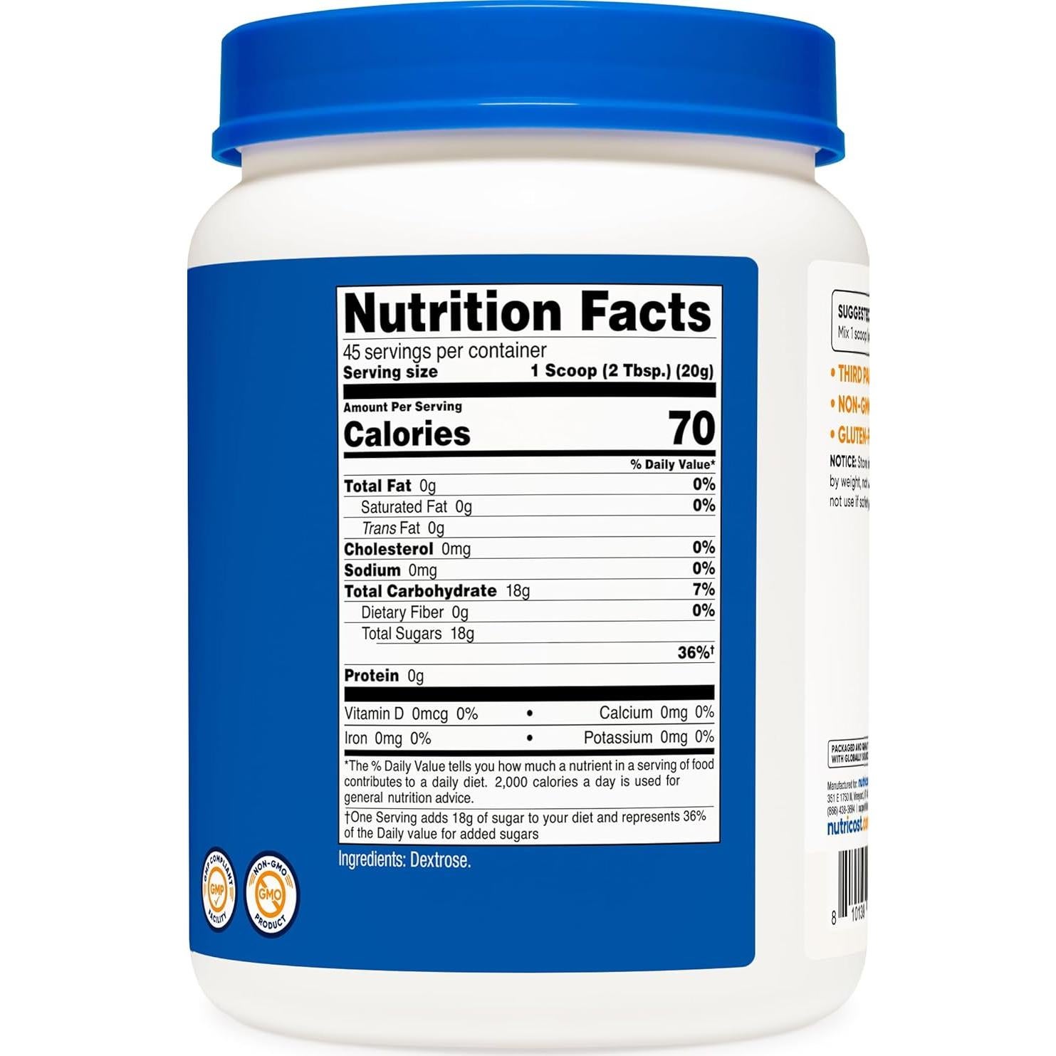 Polvo de Dextrosa Nutricost 0.91 kg - Sin Gluten, No OGM