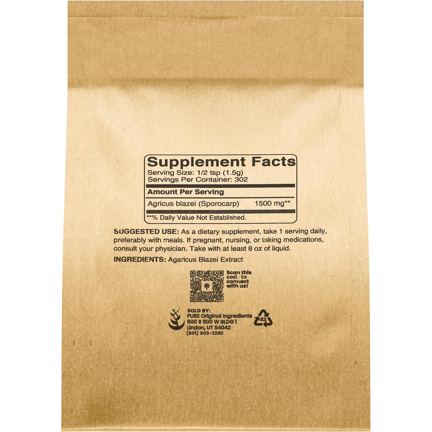 Polvo de Hongo Agaricus Blazei 454g Pure Original Ingredients