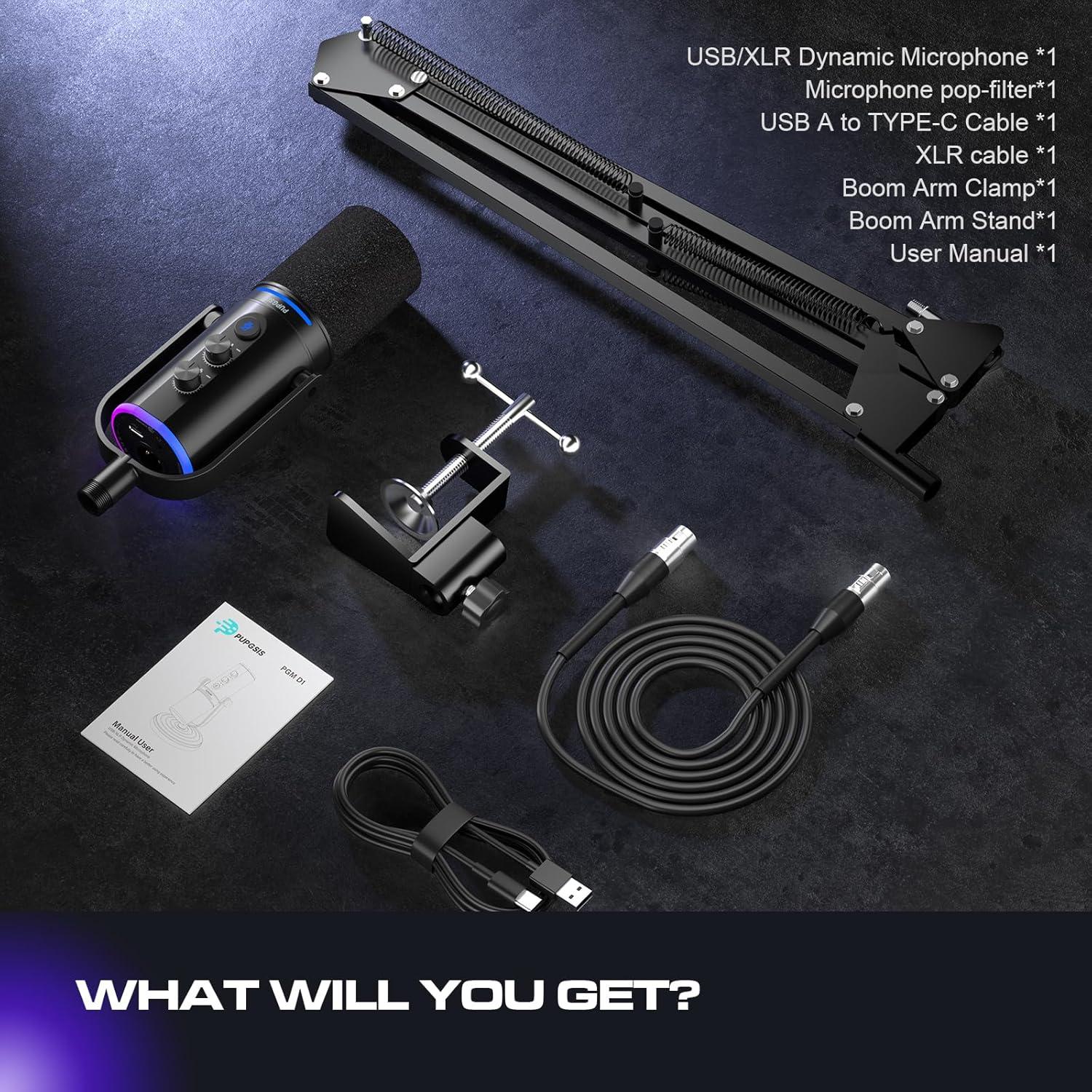 Micrófono Dinámico USB/XLR para Podcast con Soporte de Brazo