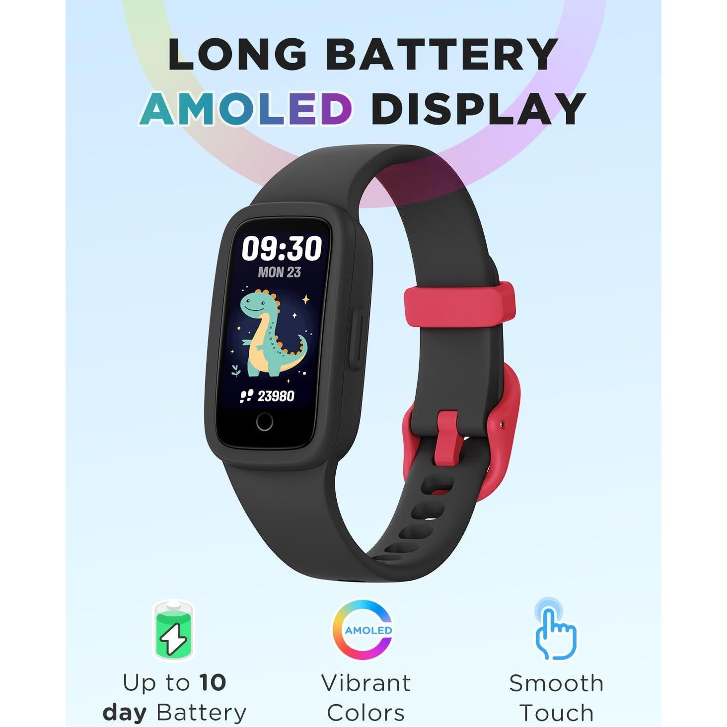 Reloj Fitness Infantil BIGGERFIVE KR05 Negro, Pantalla AMOLED