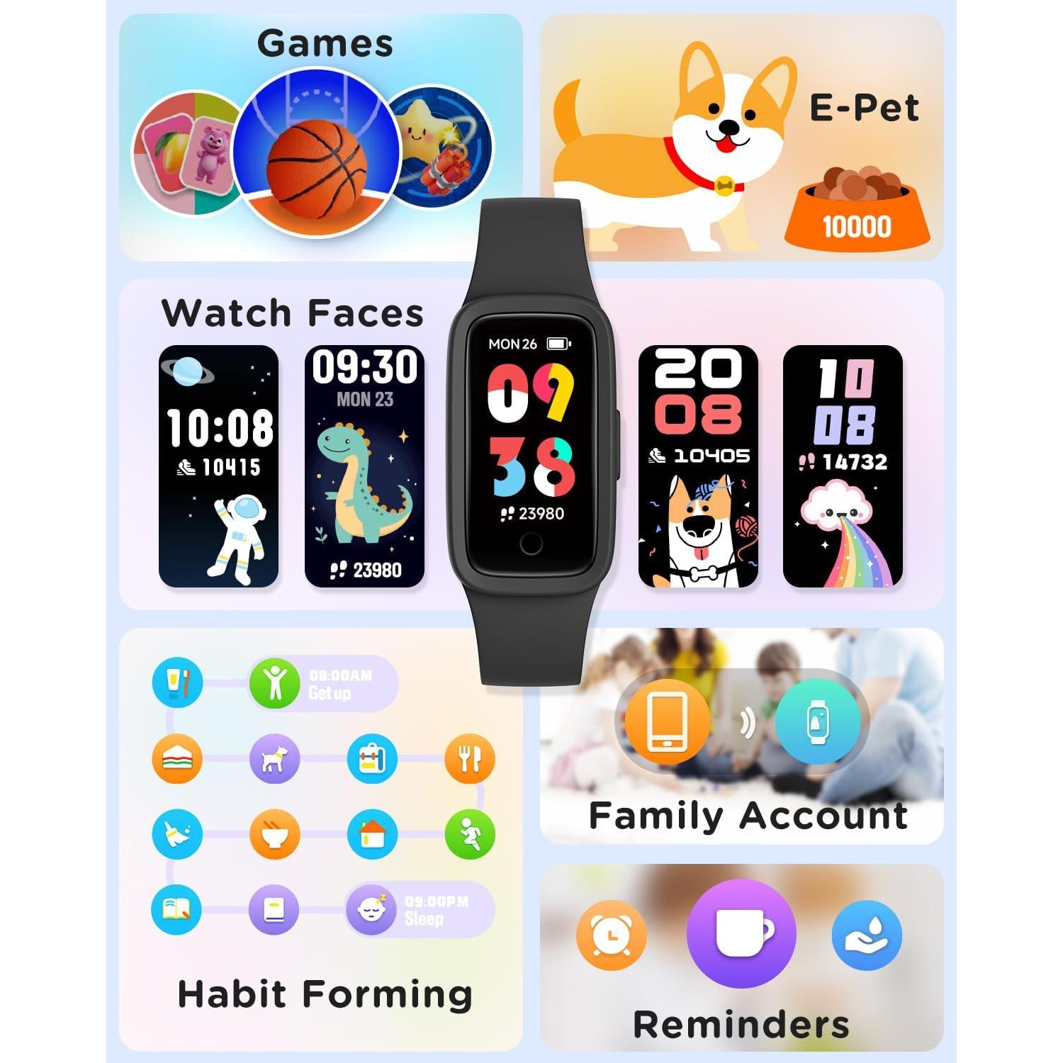 Reloj Fitness Infantil BIGGERFIVE KR05 Negro, Pantalla AMOLED