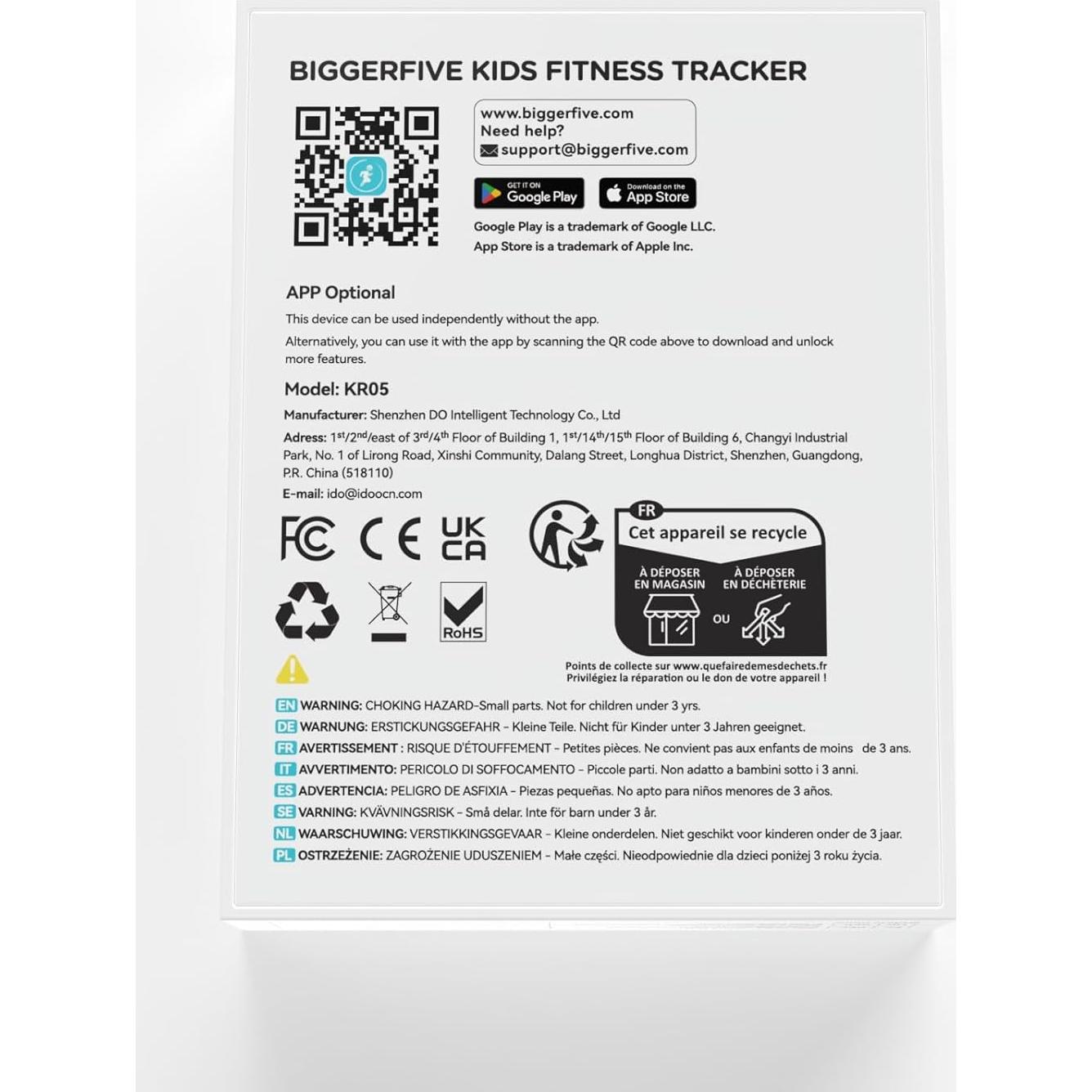 Reloj Fitness Infantil BIGGERFIVE KR05 Negro, Pantalla AMOLED