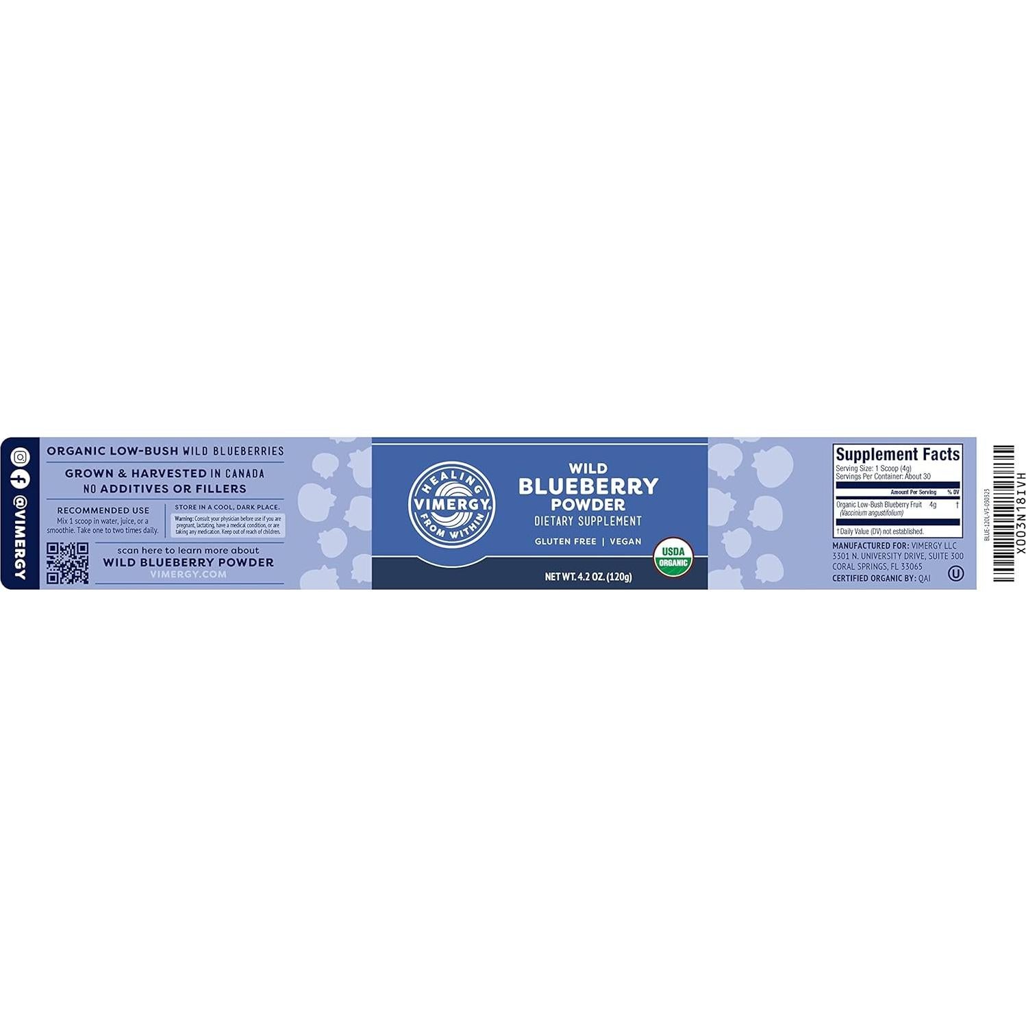 Polvo de Arándano Silvestre Orgánico Vimergy 125g - Vegano y Sin Gluten
