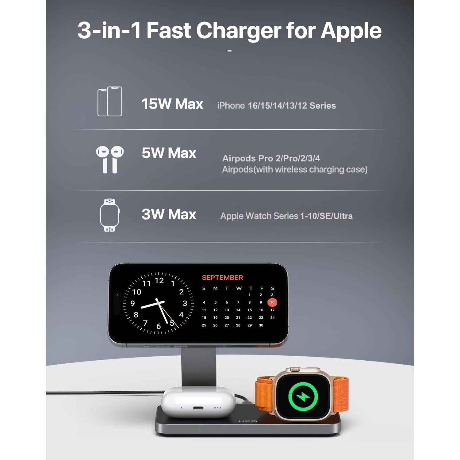 Estación de Carga Inalámbrica 3 en 1 para Apple - Negro