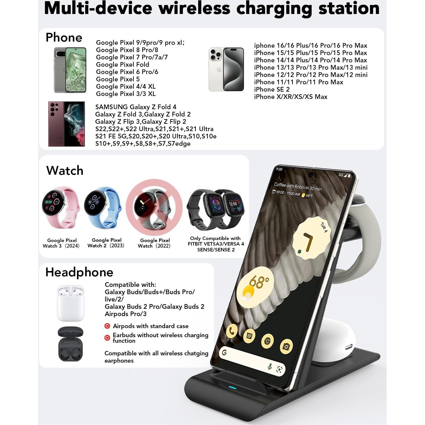 Cargador Inalámbrico 3 en 1 KARTICE para Pixel Watch 2