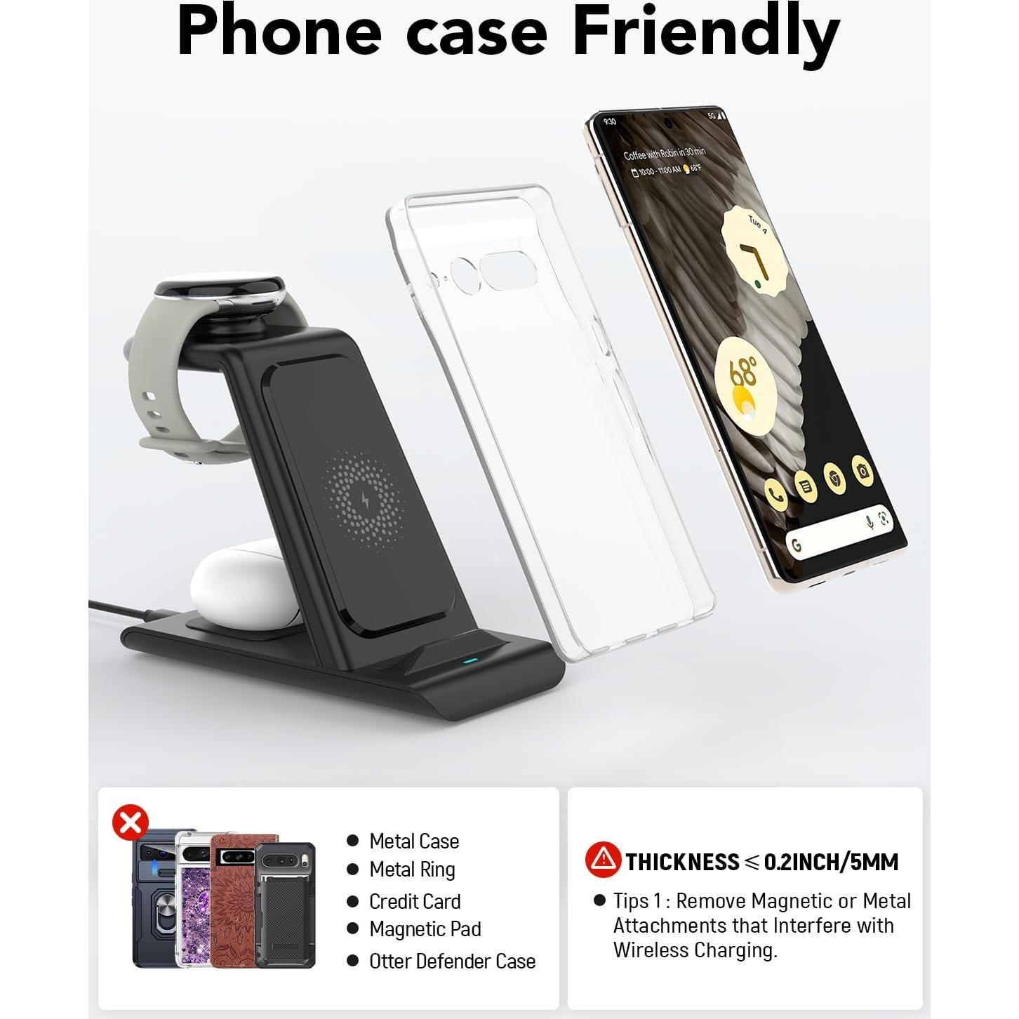 Cargador Inalámbrico 3 en 1 KARTICE para Pixel Watch 2