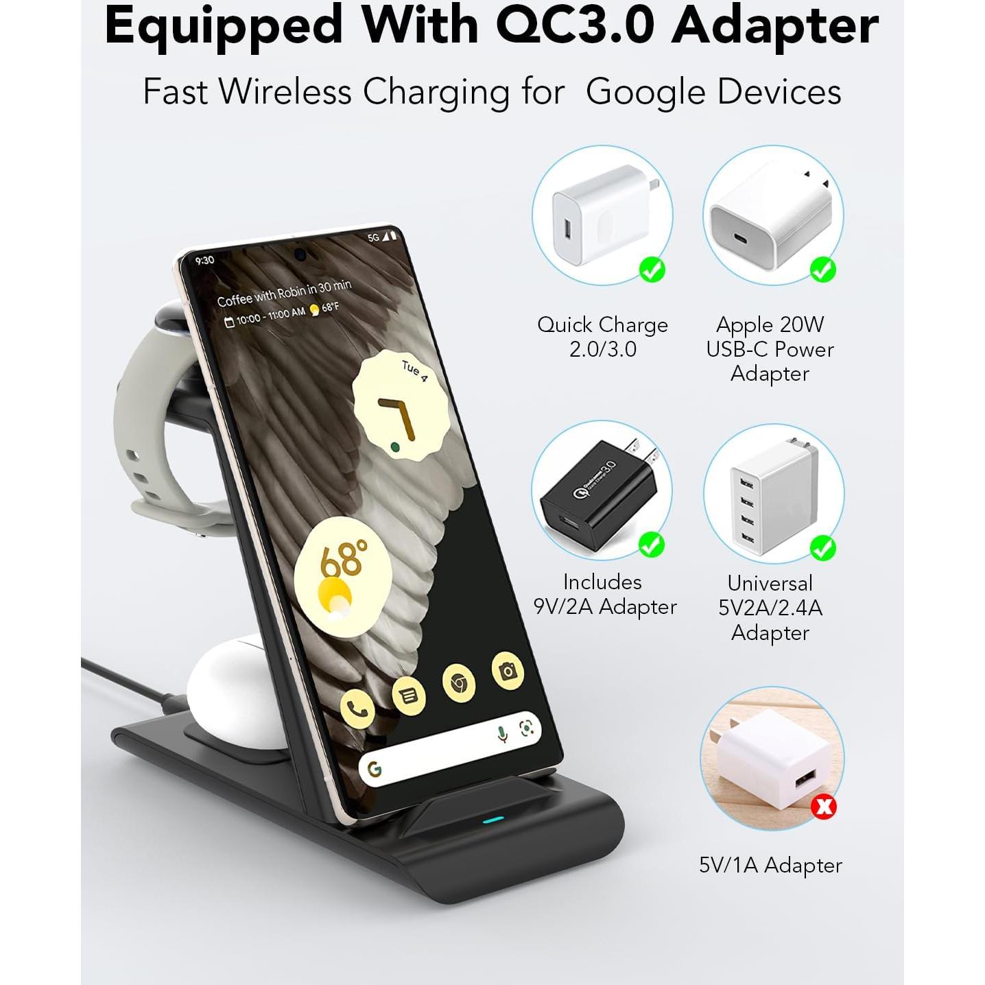 Cargador Inalámbrico 3 en 1 KARTICE para Pixel Watch 2