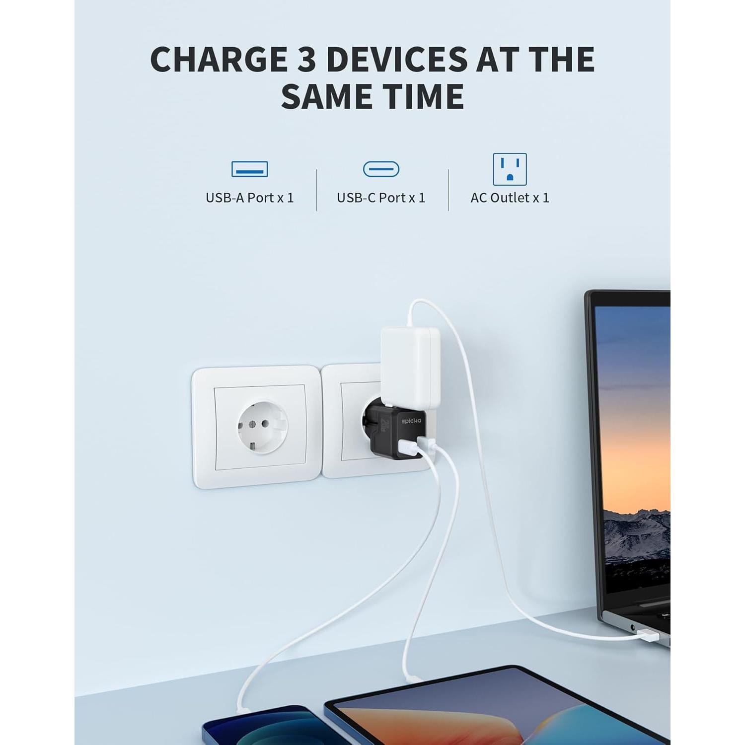 Adaptador de Viaje Universal EPICKA 20W USB-C y USB-A Negro