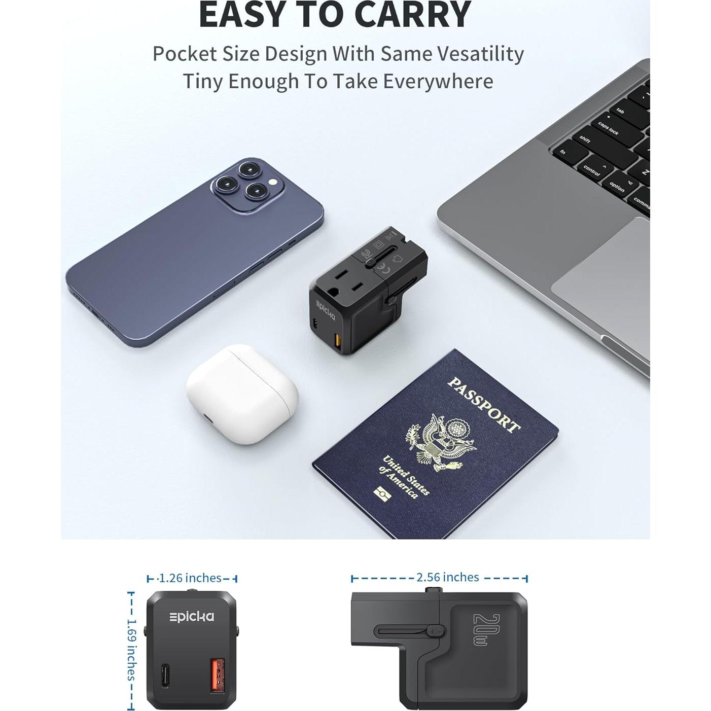 Adaptador de Viaje Universal EPICKA 20W USB-C y USB-A Negro