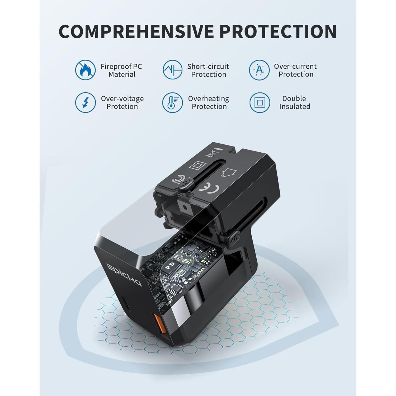 Adaptador de Viaje Universal EPICKA 20W USB-C y USB-A Negro