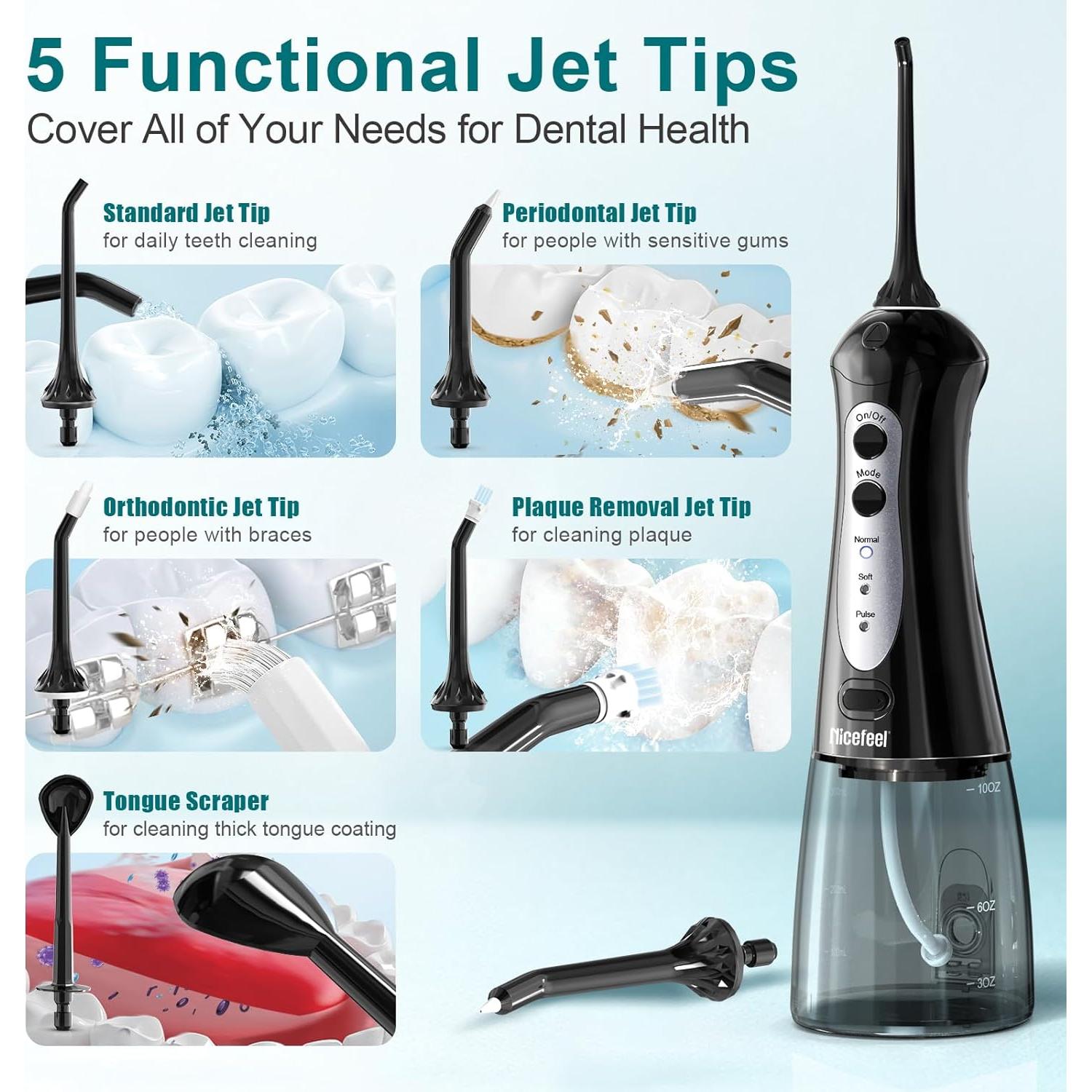 Irrigador Dental Portátil Nicefeel FC1599 - 300ml, Carga Rápida, IPX7