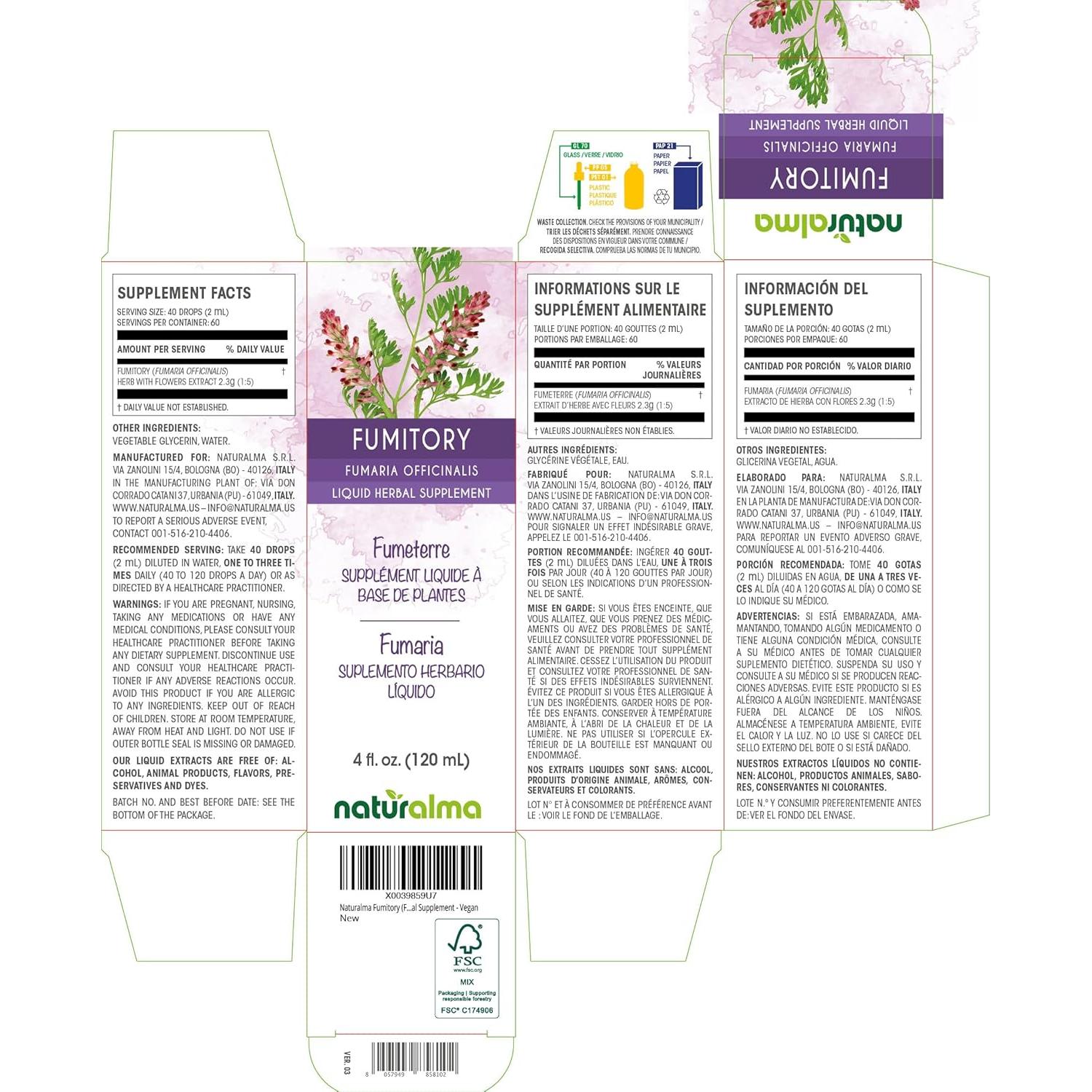 Tintura de Fumaria Naturalma 118.29 ml - Suplemento Herbal Vegano